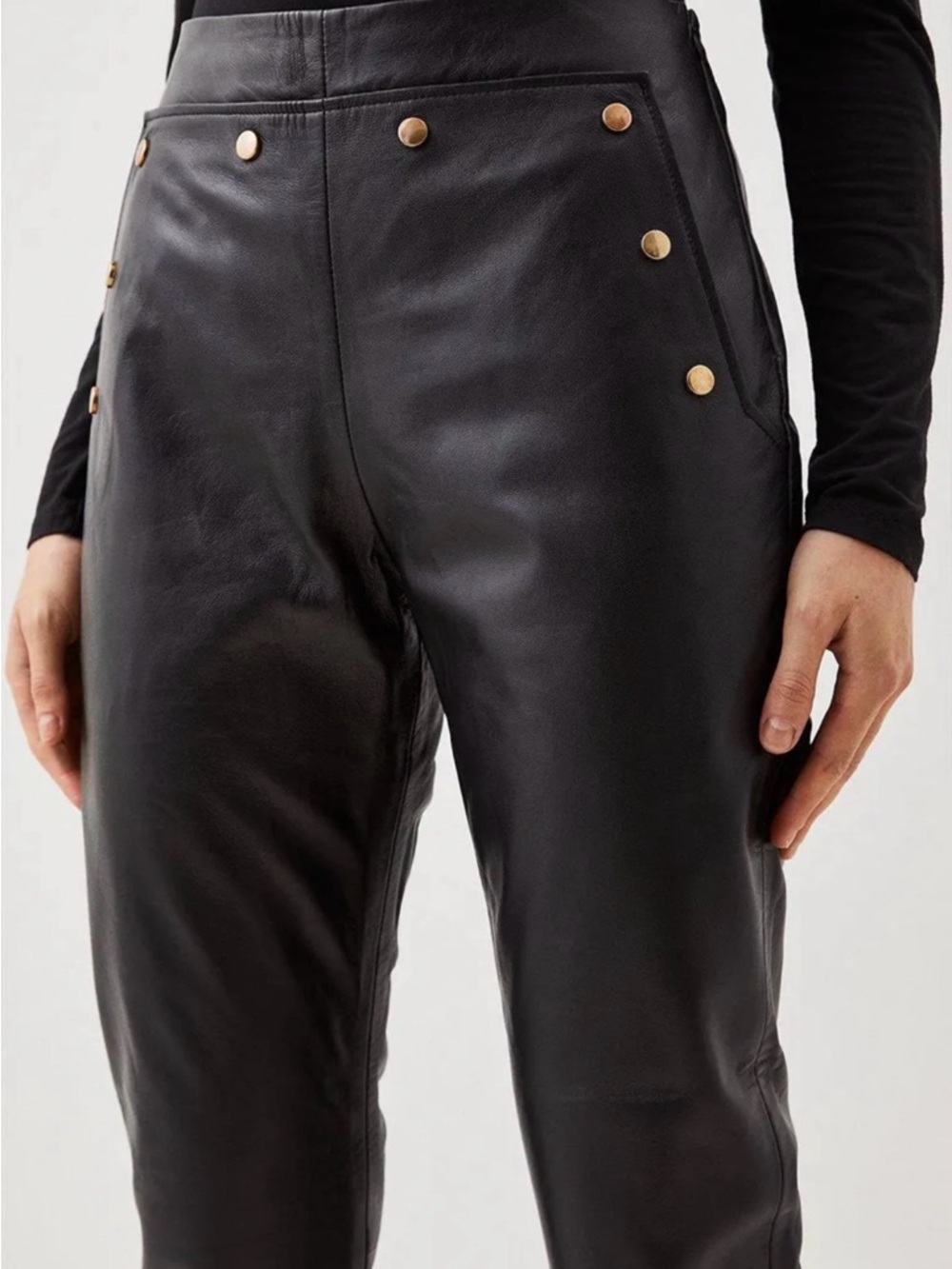 Karen Millen Black Leather High-Rise Pants with Gold Button Detail NWT